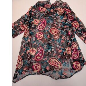 Yushi Womens Sheer Mesh Embroidered Paisley Floral Open Front Cardigan Black S/M